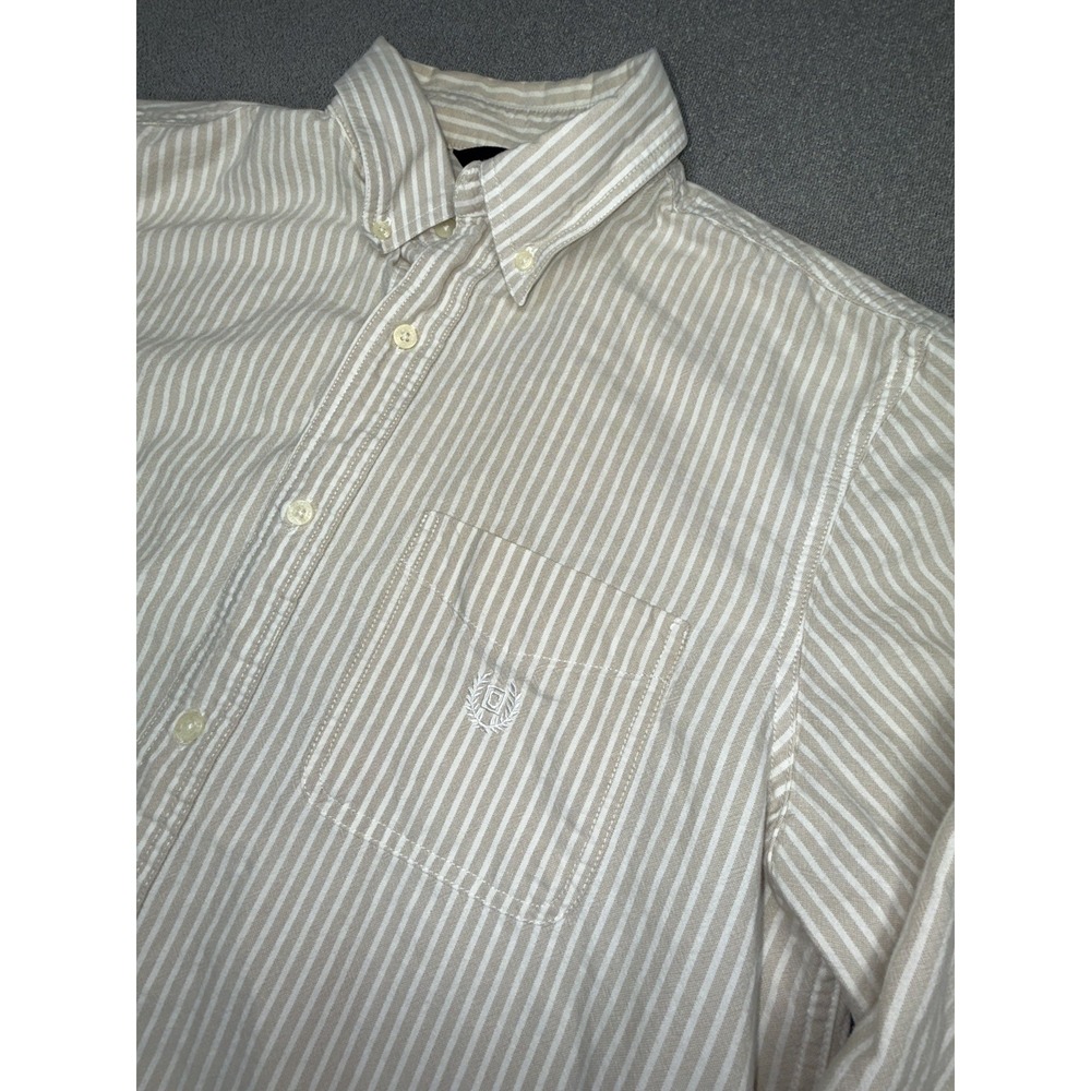 Chaps Mens Medium Stretch Oxford Shirt Blue Striped Crest Logo Button Down